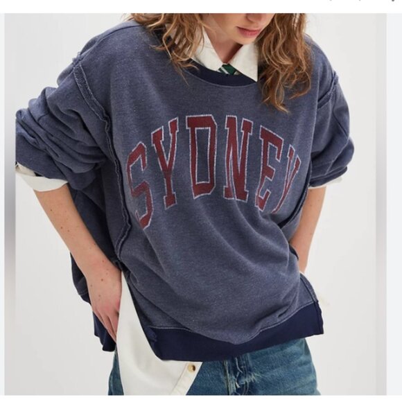 NWT XL We The Free People Graphic CAMDEN Sydney Navy Red Sweatshirt - Picture 2 of 12